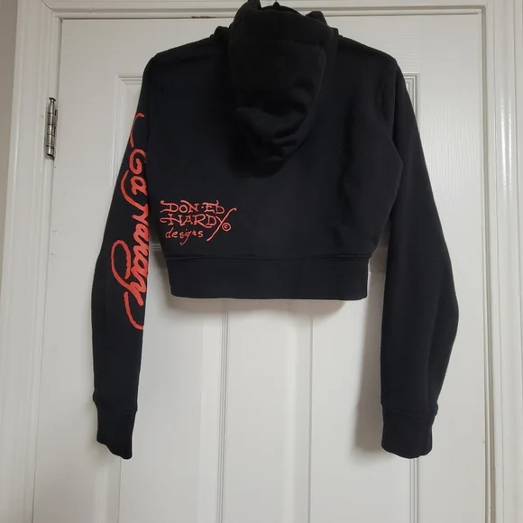 Ed Hardy Black New York City Nyc Skull Cropped Hoodie Size Large. - Picture 10 of 12